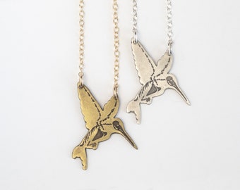 Silver or Brass Hummingbird Necklace, with acid-etched skeleton