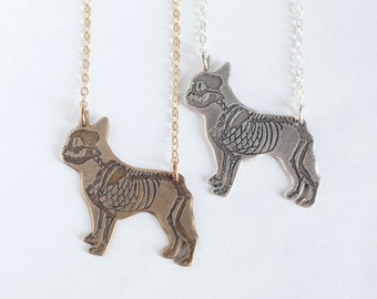 French Bulldog Pendant, with etched skeleton in brass or sterling silver