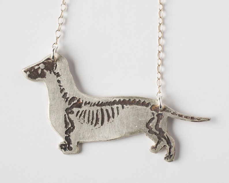 brass dachshund pendant with etched skeleton, close-up on white background.