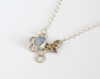 Silver Asymmetrical Honeycomb Bee Necklace with Oval Gemstone