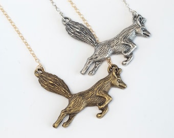 Leaping Fox Hand Carved Necklace, in brass or sterling silver