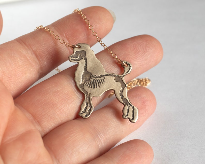 brass poodle silhouette necklace with etched skeleton, held by a hand on a white background