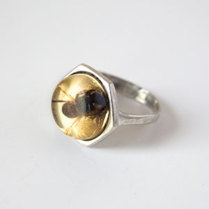 Handcarved Silver Bee Ring, Real Honeybee Ring, Hexagon Bee Statement Ring, Beekeeper Gift