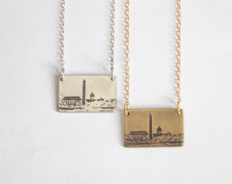 Washington DC Monuments and Skyline Etched Necklace, in brass or sterling silver