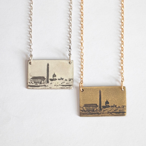 Washington DC Monuments and Skyline Etched Necklace, in brass or sterling silver