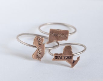 US State Ring, brass charm on thin silver band