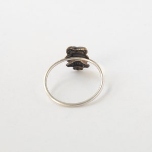 back of tiny brass owl ring with a thin silver band. white background.