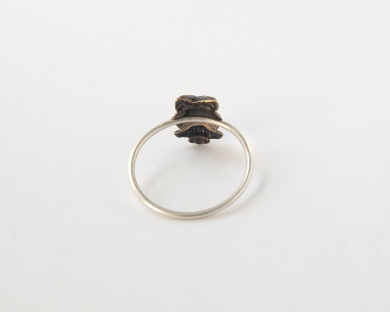 back of tiny brass owl ring with a thin silver band. white background.