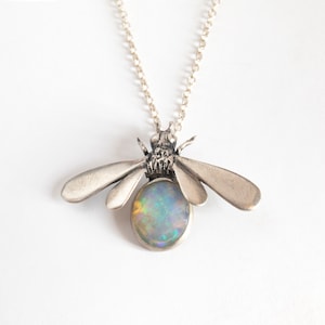 Silver Bee Pendant Necklace, Bee with Gemstones, Handcarved Honeybee Jewelry, Opal Necklace, Tourmaline, Apatite