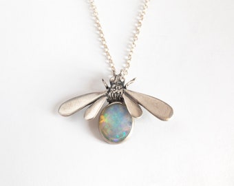 Silver Bee Pendant Necklace, Bee with Gemstones, Handcarved Honeybee Jewelry, Opal Necklace, Tourmaline, Apatite