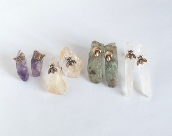 Rough Gemstone Stud Earrings, with a bee, butterfly, or mushroom