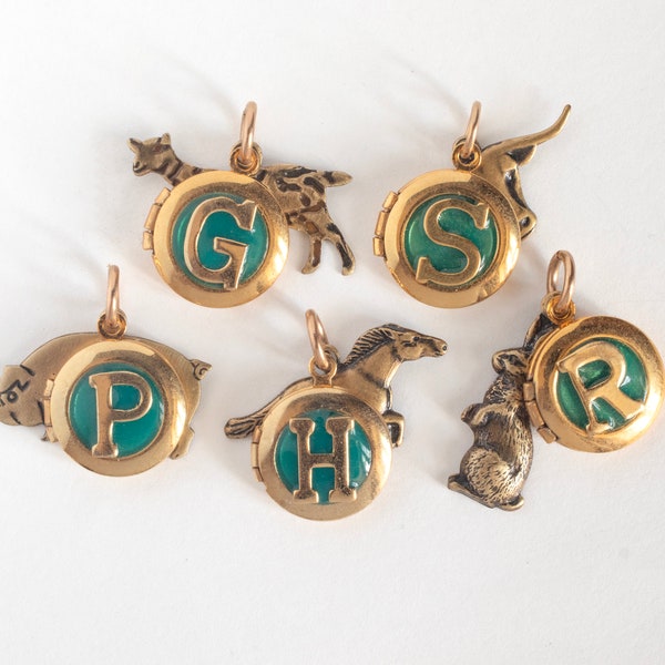 Personalized Initial Photo Locket, with a farm animal brass charm. Select Horse, Goat, Longhorn Steer, Pig, or Rabbit.