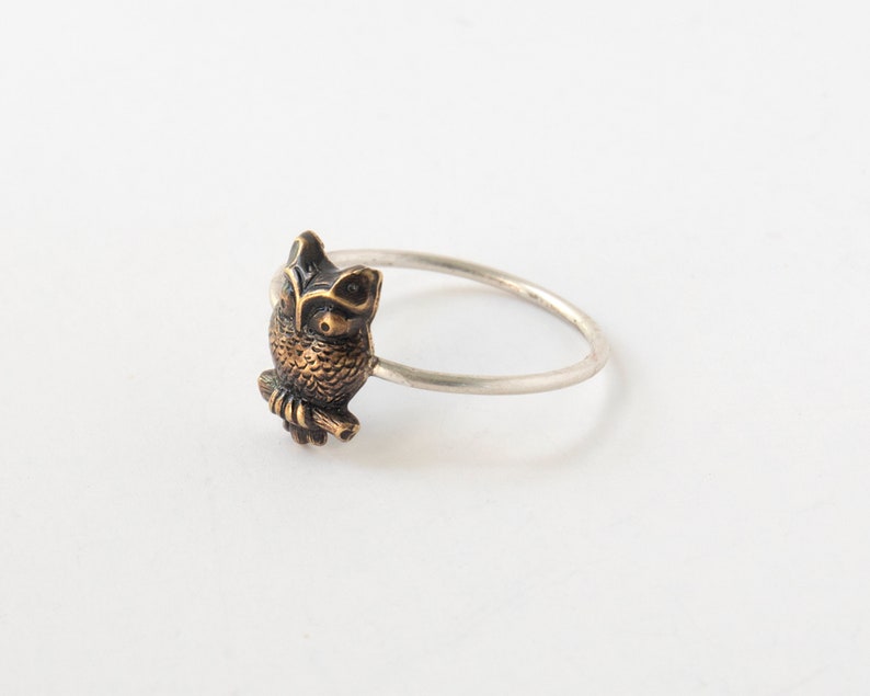 Round brass owl ring with a thin silver band. At an angle on a white background.