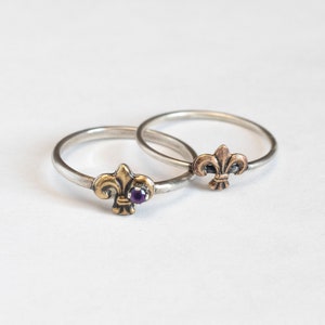 May include: Two silver rings with a fleur-de-lis design. One ring has a purple gemstone in the center of the fleur-de-lis.