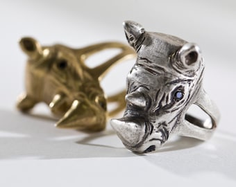 Silver or Brass Rhinoceros Ring, Hand Carved with gemstone eyes