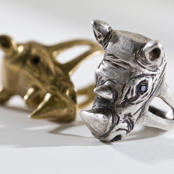 Silver or Brass Rhinoceros Ring, Hand Carved with gemstone eyes