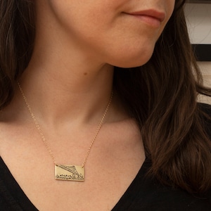San Francisco Skyline Necklace, with view of the Bay Bridge, available in sterling silver or brass