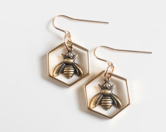 Bee in Hexagon Earrings, Hexagon Jewelry, Honey Bee Earrings, Geometric Earrings, Sacred Geometry, Honeycomb