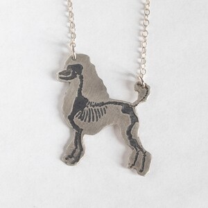 silver poodle silhouette necklace with etched skeleton, shown on a white background