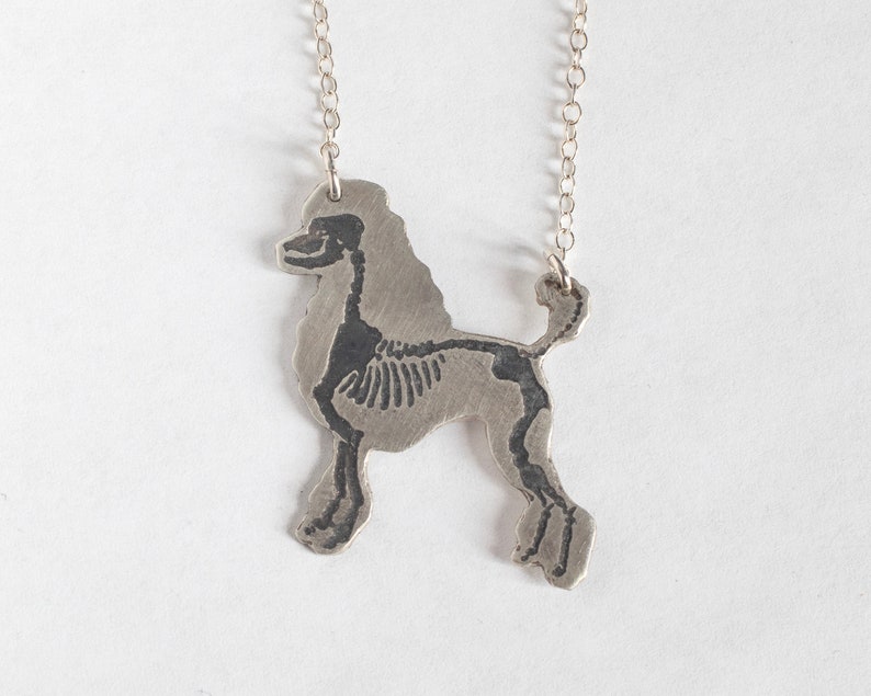 silver poodle silhouette necklace with etched skeleton, shown on a white background