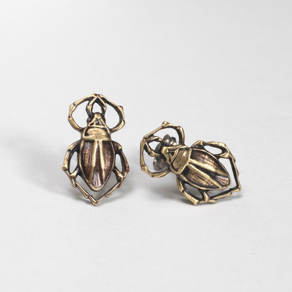 Beetle Scarab Earrings, Egyptian Motif Beetle Jewelry, Insect Stud Earrings