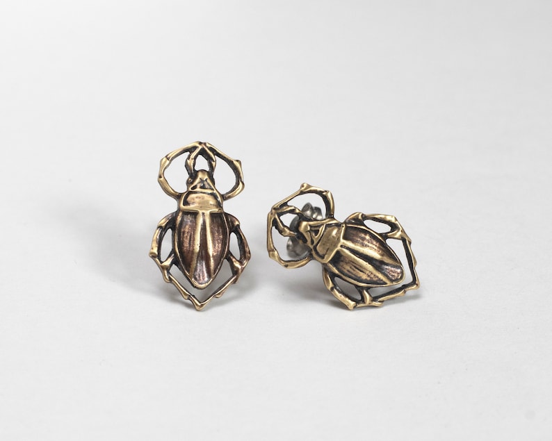 Beetle Scarab Earrings, Egyptian Motif Beetle Jewelry, Insect Stud Earrings image 1