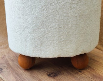 Wooden Ball Footed Pouffe with off white Plush Fabric,bedroom pouf, Footstool ottoman, Make up stool,Footrest bench,Round pouf stool