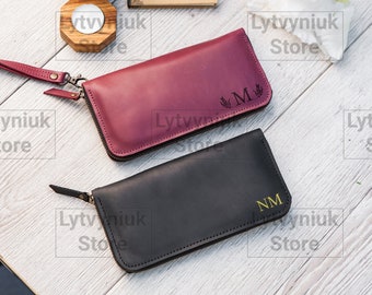 Cartera de pulsera de cuero para mujer, Cartera grabada para mujer, Cartera de pulsera con cremallera, Cartera de pulsera para teléfono, Cartera personalizada para mujer