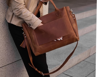 Travel bag with trolley sleeve, Large leather travel bag, Large work bag women, Laptop tote bag with zipper, Travel business bag women