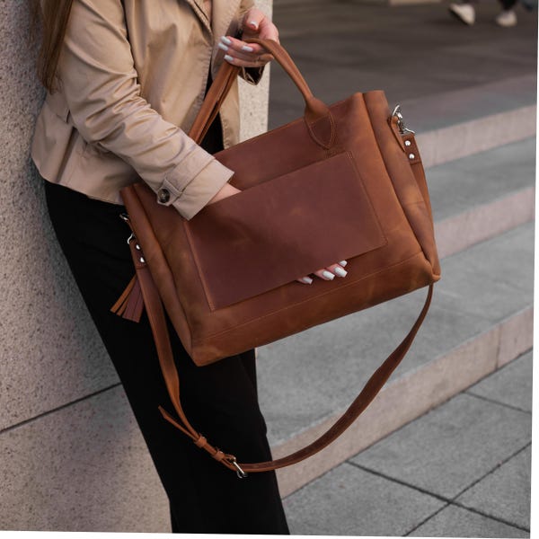 Travel bag with trolley sleeve, Large leather travel bag, Large work bag women, Laptop tote bag with zipper, Travel business bag women