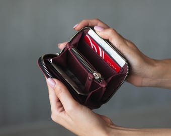 Cartera pequeña con cremallera, Carteras pequeñas de piel para mujer, Mini cartera mujer, Monedero mujer, Cartera minimalista mujer, Cartera burdeos