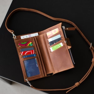 Cartera de piel con bolsillo para teléfono, Monedero de piel, Cartera cruzada para teléfono, Cartera cruzada para teléfono con correa para mujer