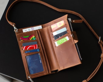 Leather wallet bag with phone pocket, Leather wallet purse, Phone crossbody wallet, Crossbody phone wallet with strap womens