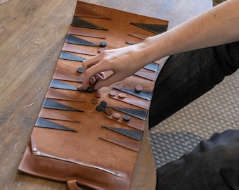 Leather backgammon set, Backgammon travel set, Backgammon board, Backgammon rollup, Backgammon roll personalized, Man cave games