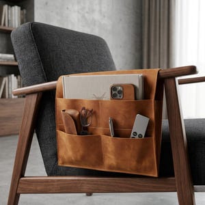 May include: A brown leather chair organizer with multiple pockets, hanging on the arm of a wooden chair. The pockets hold a book, phone, glasses, pen, and remote control. The chair has a gray fabric seat and back.