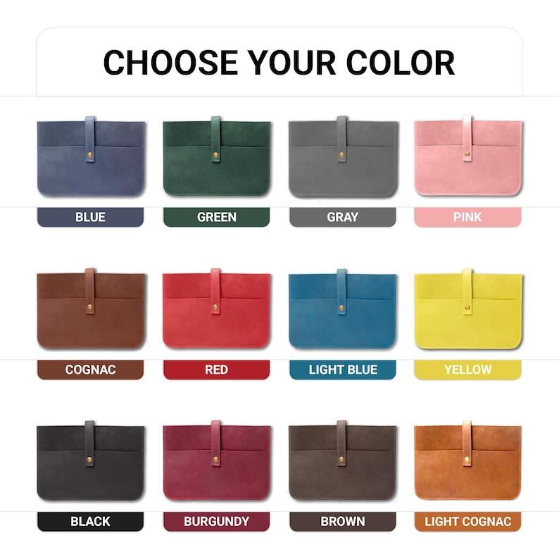 K&ouml;nnte beinhalten: Eine Farbkarte mit 12 verschiedenen Lederfarben f&uuml;r ein Produkt. Die Farben sind: Blau, Gr&uuml;n, Grau, Rosa, Cognac, Rot, Hellblau, Gelb, Schwarz, Burgunder, Braun und Hellcognac.
