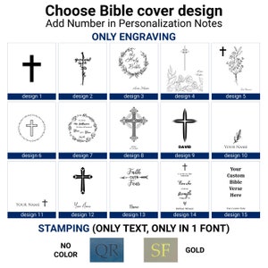 K&ouml;nnte beinhalten: Eine Grafik mit 15 verschiedenen Designs f&uuml;r einen Bibeldeckel. Die Designs beinhalten Kreuze, Kr&auml;nze und florale Elemente. Der Text "ONLY ENGRAVING" befindet sich oben auf der Grafik. Der Text "STAMPING (ONLY TEXT, ONLY IN 1 FONT)" befindet sich unten auf der Grafik. Die Texte "NO COLOR", "QR", "SF" und "GOLD" befinden sich unter dem Text "STAMPING (ONLY TEXT, ONLY IN 1 FONT)".