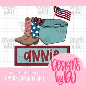 May include: Illustration featuring cowboy boots with red, white, and blue patterns, a blue storage container, and a sign that says "ANNIE." An American flag waves from the container. The design has a patriotic theme.