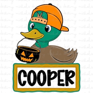 May include: A cartoon duck wearing an orange cap and holding a black jack-o'-lantern bucket. The duck has green feathers and a brown body. Below the duck is a sign that reads "COOPER" in bold black letters.