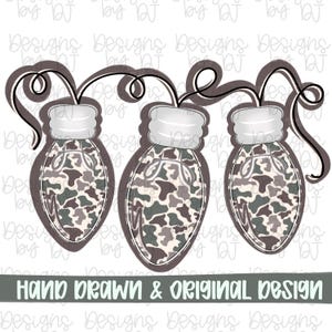 May include: Three decorative light bulbs with a camouflage pattern in shades of gray, brown, and white. The bulbs have a white top and are connected by a dark gray wire. The text "HAND DRAWN & ORIGINAL DESIGN" is at the bottom.