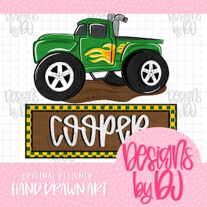 May include: A green monster truck illustration featuring yellow flame decals on the side, large black tires, and a silver exhaust pipe. Below the truck is a rectangular sign with a green and yellow checkered border containing the name Cooper.