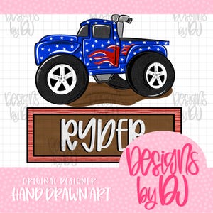 May include: A blue monster truck illustration featuring white stars and red flame accents, positioned above a rectangular brown sign with a red and white striped border. The name Ryper is written in large white letters on the sign.