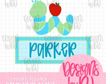 May include: A digital graphic featuring a light green and blue striped caterpillar with a red apple on its back, positioned above a rectangular blue frame containing the name Parker in blue script, set against a white grid background.