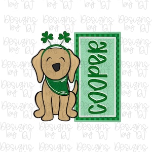 May include: A cartoon illustration of a tan dog wearing a green bandana and a headband with shamrocks. Next to the dog is a green sign with the name "Cooper" in white letters. The background is white.