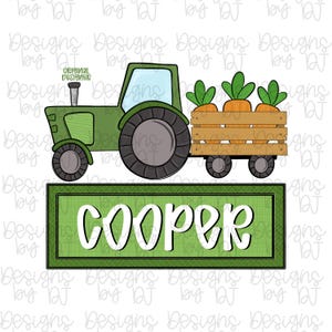May include: A green tractor with a trailer carrying three carrots. The tractor has large black wheels and a green cab. Below the tractor is a green rectangle with the name "COOPER" in white letters.