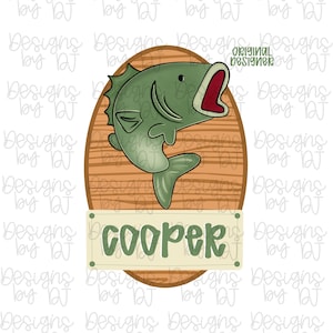 May include: A cartoon illustration of a green fish with an open mouth, set against a wooden background. Below the fish is a banner with the name "COOPER" in green letters. The words "ORIGINAL DESIGNER" are above the fish.