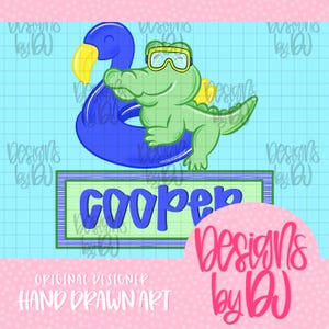 May include: A cartoon illustration of a green alligator wearing goggles, floating on a blue inflatable ring with a yellow beak. The name "COOPER" is displayed on a green and blue rectangle. The background is light blue with a grid pattern.