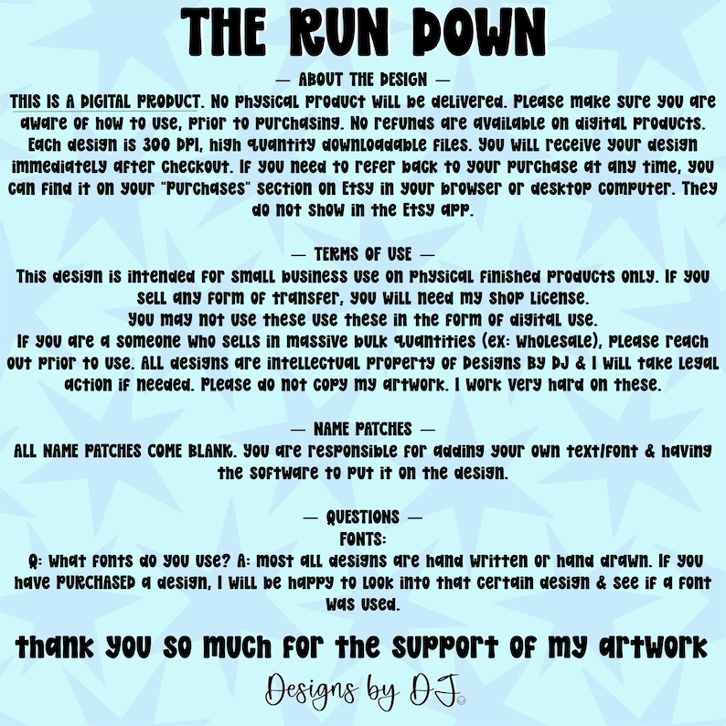 May include: A digital product information sheet with the title "THE RUN DOWN" in large, black, bubble letters. The sheet contains text about the design, terms of use, name patches, and fonts. The bottom of the sheet says "Designs by DJ".