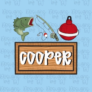 May include: A digital illustration with fishing motifs. A green fish, a fishing rod, and a red float are above a wooden sign with "COOPER" in white letters. The background is light blue. Ideal for a child's room.