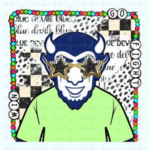 May include: A blue cartoon devil with horns and a big smile wearing sunglasses with star-shaped lenses. The sunglasses say "Devils" on the sides. The devil is wearing a green t-shirt and the background is a checkered pattern with the words "Go Fight Win" in a circle.